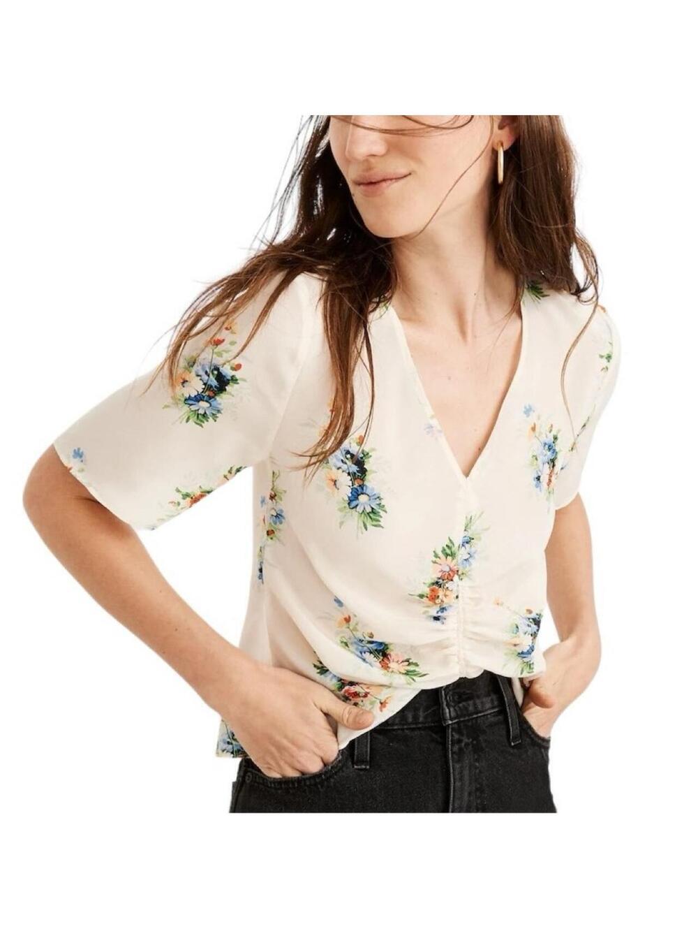 Madewell Silk Ruched Shirred Front Semi Sheer Top in Classic Corsage Cottagecore